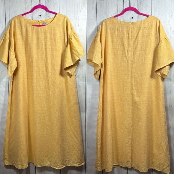 Cremieux Linen Blend Striped Flutter Sleeves Yellow Crewneck Prairie Midi Dress - Picture 1 of 15